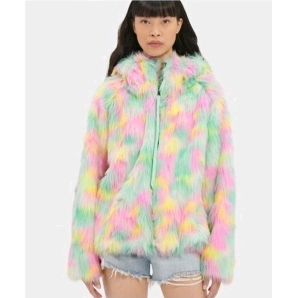 Ugg Womens Clove Faux Fur Oversized Jacket‎ Lemon Lime Aura Sz XS/S NWT